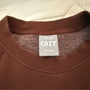 TNA Cozy Fleece Crewneck Sweater in Rich Brown